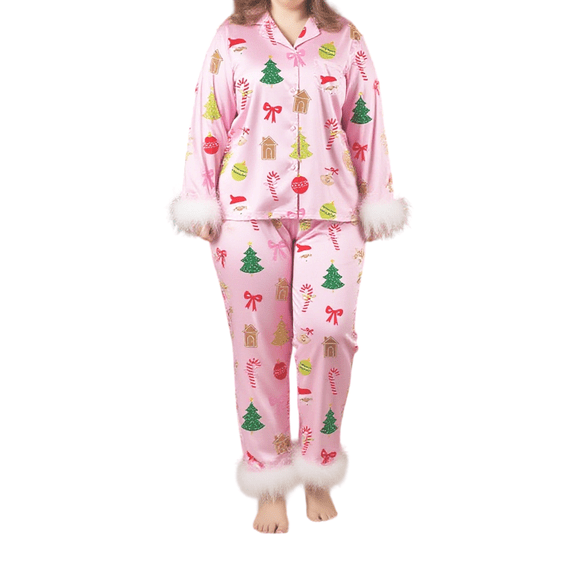 LMLYSoH Women's Plus Size Pajama Sets Fashionable Christmas Tree Printed Long Sleeve Button Down Tops with Pants 2Pcs Soft Sleepwear