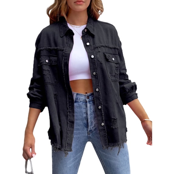 LMLYSoH Women's Ripped Distressed Denim Jacket Long Sleeve Button Down Boyfriend Jean Coat Trucker Jacket