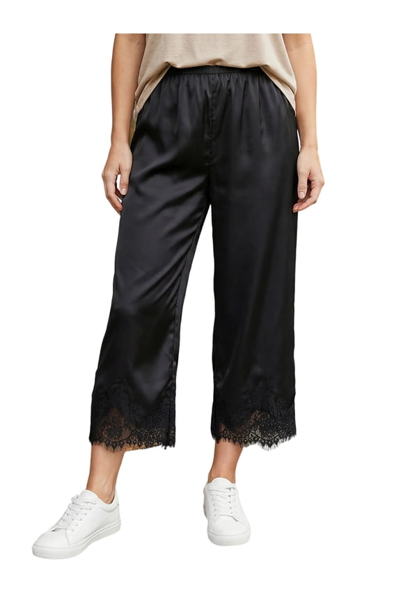 Women's Satin Lounge Pants Elastic Waist Loose Wide Leg Casual Solid Color Lace Patchwork Pants