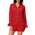 thumbnail image 1 of LMLYSoH Women's Satin Outfits Solid Color Lapel Long Sleeve Tops with Feather Cuffs + Shorts Set Fashion Clothes, 1 of 8