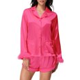 thumbnail image 1 of LMLYSoH Women's Satin Outfits Solid Color Lapel Long Sleeve Tops with Feather Cuffs + Shorts Set Fashion Clothes, 1 of 9