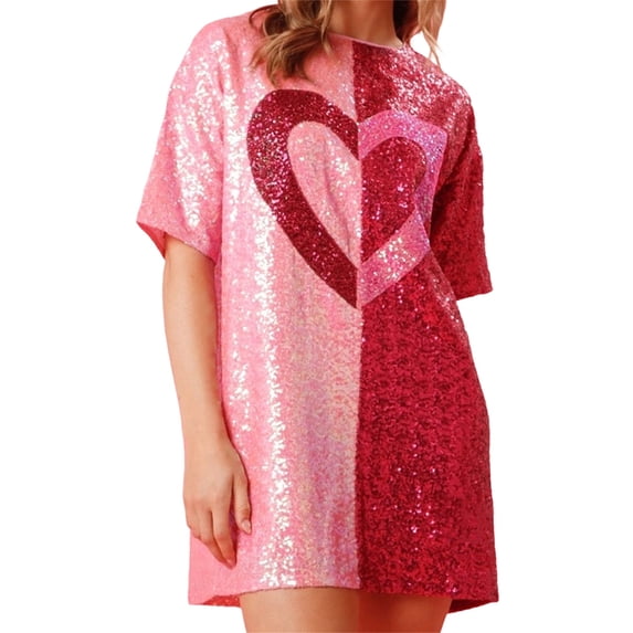 LMLYSoH Women's Sequin T Shirt Dress Short Sleeve Round Neck Heart Pattern Oversized Tops Party Dress