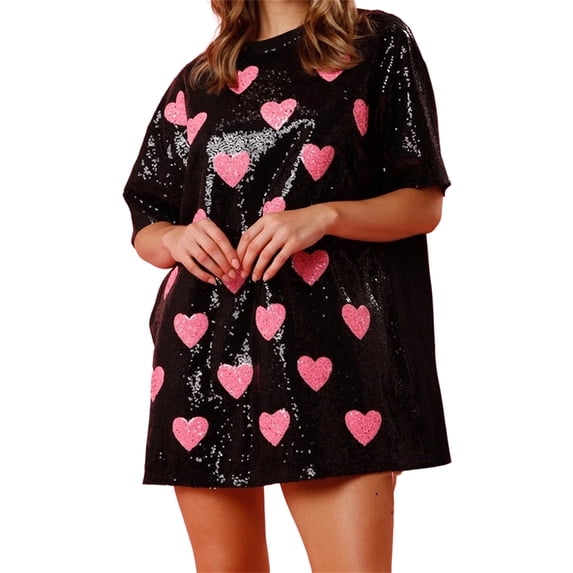LMLYSoH Women's Sequin T Shirt Dress Short Sleeve Round Neck Heart Pattern Oversized Tops Party Dress