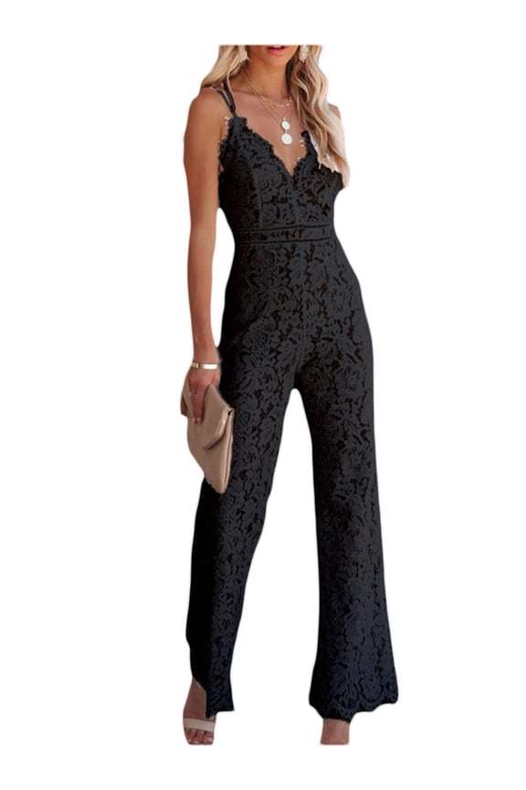 Women´s Sexy Lace Sleeveless Backless See Through Mesh Hollow Out Ruffle Long Pants Bodycon Jumpsuit Rompers Clubwear