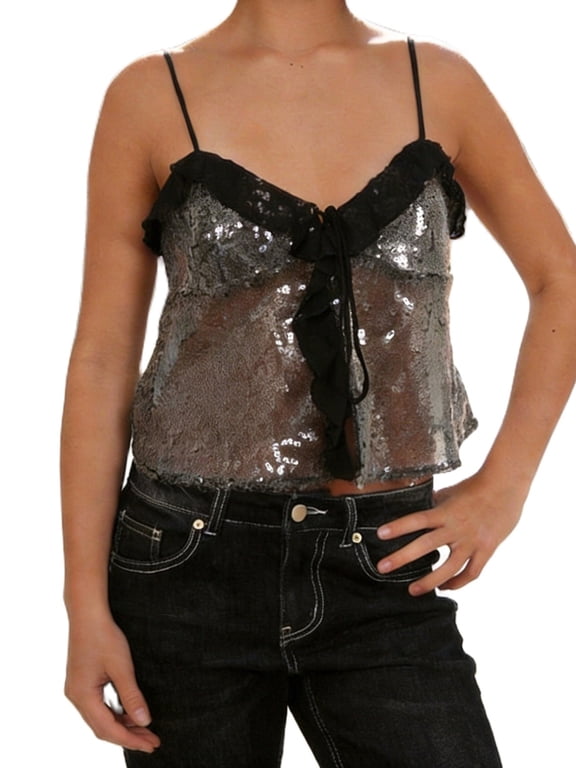Women's Sleeveless Camisole Stylish Sequin V Neck Slim Sheer Spaghetti Strap Tank Tops