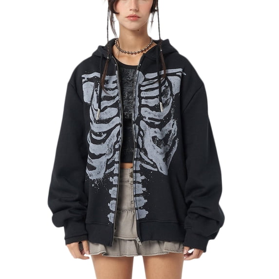 LMLYSoH Women's Spring Autumn Casual Hooded Coat Black Long Sleeve Skull Print Zipper Hoodie
