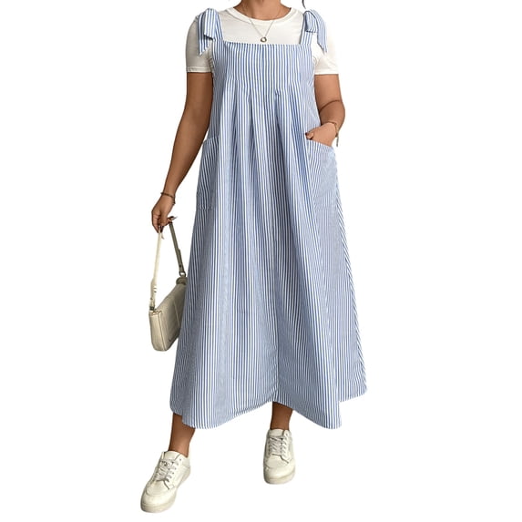 LMLYSoH Women's Spring Summer Overall Dress Sleeveless Tie Shoulder Loose Striped Plus Size Dresses