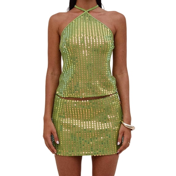 LMLYSoH Women's Summer 2Pcs Outfits Sequin Halter Tank Tops + Mini Bodycon Skirt Set Party Clothes