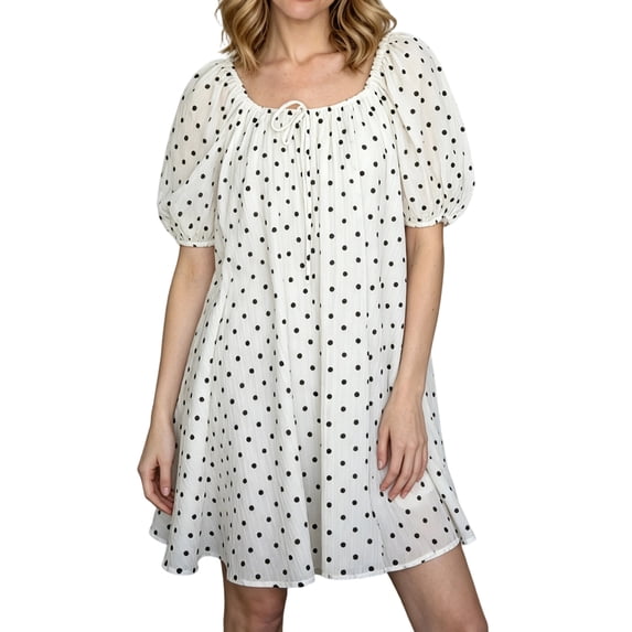 LMLYSoH Women's Summer Mini Dress Puff Short Sleeve Square Neck Elegant Dot Print A Line Dress