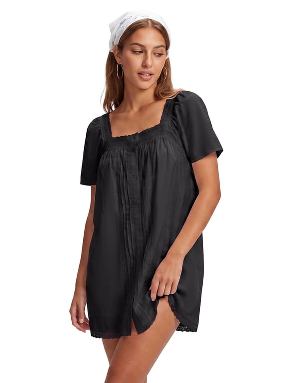 Women's Summer Mini Dress Solid Color Lace Trim Short Sleeve Babydoll Dress