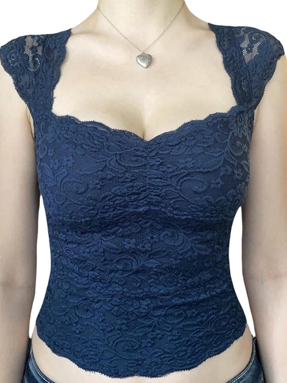 Women's Summer Mini Tank Tops Black Sleeveless Low Cut Lace Floral Skinny Crop Tops