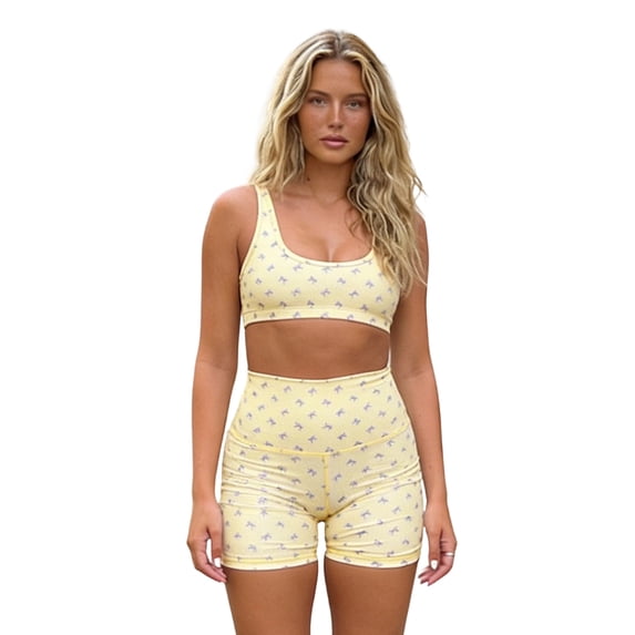 LMLYSoH Women's Summer Outfits Slim Fit Fruit Bow Pattern Sports Sleeveless Camisole Crop Tops with Tight Shorts 2 Pcs Set