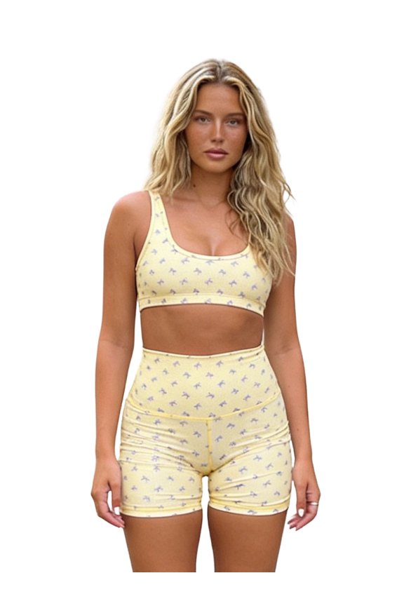Women's Summer Outfits Slim Fit Fruit Bow Pattern Sports Sleeveless Camisole Crop Tops with Tight Shorts 2 Pcs Set