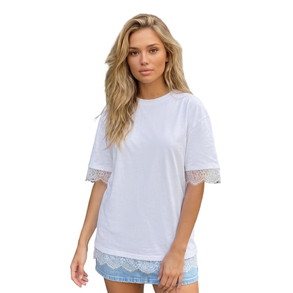 LMLYSoH Women's Summer Oversized T-Shirt Lace Patchwork Crew Neck Short Sleeve Loose Fitting Tops