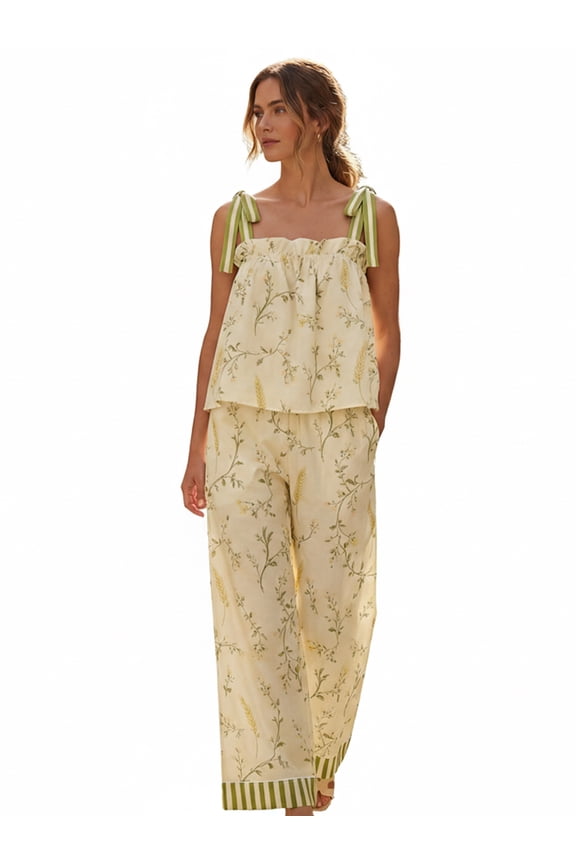 Women's Summer Pajamas Set Stylish Floral Print Tie Shoulder Tops with Pants Lounge Wear 2 Pcs Set