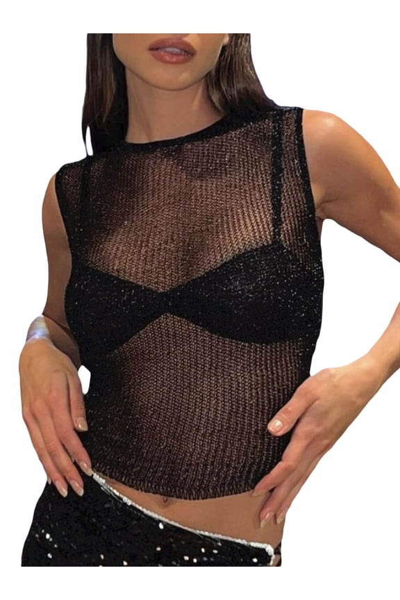 Women's Summer Short Skinny Vest Tops Solid Color Sleeveless O Neck Sheer Crop Tops