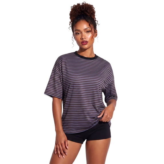 LMLYSoH Women's Summer T-Shirt Casual Loose Fit Stylish Striped Crew Neck Short Sleeve Drop Shoulder Tops