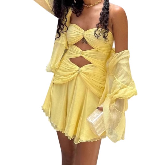 LMLYSoH Women's Summer Tube Dress Solid Color Low Cut Ruched Cutout Front Strapless Mini A Line Dress