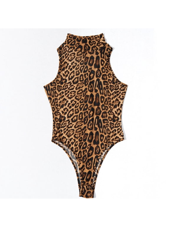 Women’s Summer Vest Style Bodysuit Fashion Leopard Round Neck High Waist Tight-fitting Jumpsuit