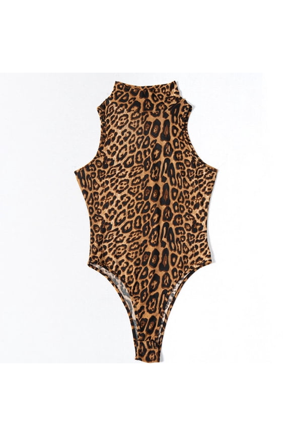 Women’s Summer Vest Style Bodysuit Fashion Leopard Round Neck High Waist Tight-fitting Jumpsuit