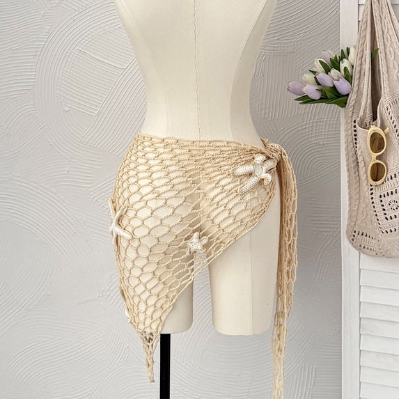 LMLYSoH Women's Swimwear Triangle Wrap, Fishnet Solid Color Shells Swimsuit Skirt Bikini Cover-Up Shawl, Summer Beach Cover Up