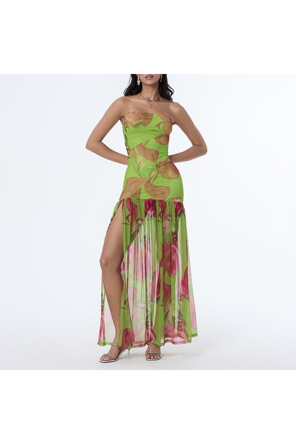 Women's Tube Top Dress Slim Strapless Backless Mesh Patchwork Tropical Leopard Print High Slit Long Dress for Party Club Night