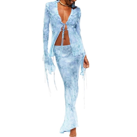 LMLYSoH Women’s Two Piece Summer Outfits, Tie-up Front Sheer Mesh Tops and Long Skirt Set