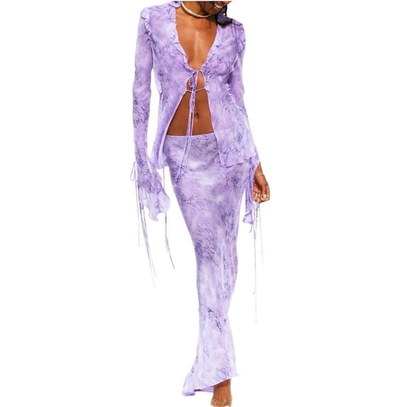 LMLYSoH Women’s Two Piece Summer Outfits, Tie-up Front Sheer Mesh Tops and Long Skirt Set