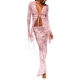 thumbnail image 1 of LMLYSoH Women’s Two Piece Summer Outfits, Tie-up Front Sheer Mesh Tops and Long Skirt Set, 1 of 9