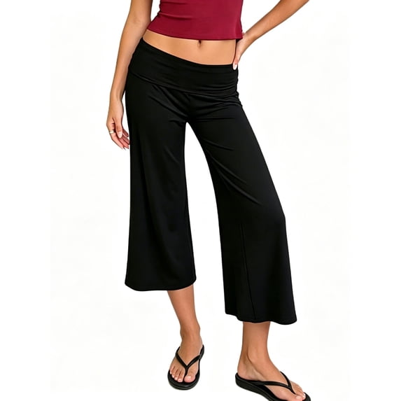 LMLYSoH Women’s Wide Leg Capri Pants Fold Over Waist Loose Cropped Pants