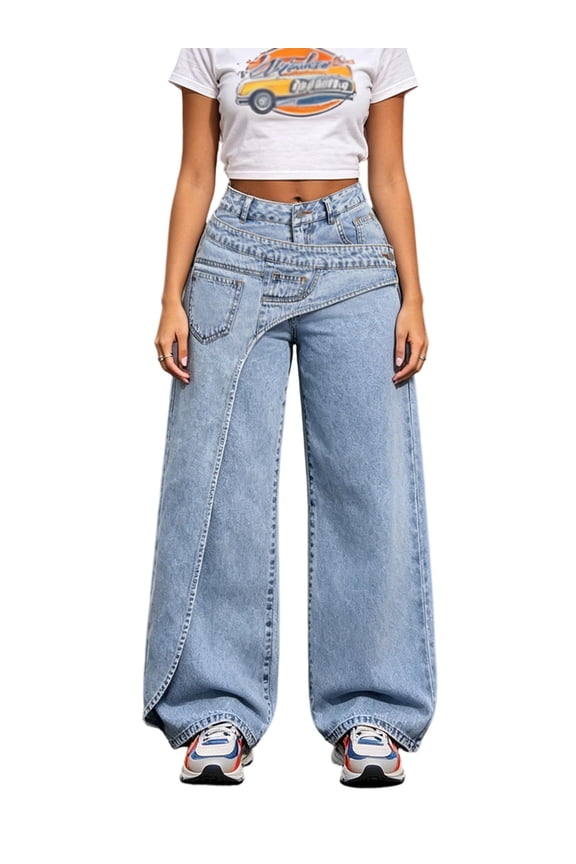 Women's Wrap Jeans with Pockets Stylish Casual Mid Rise Loose Fit Wide Leg Denim Pants