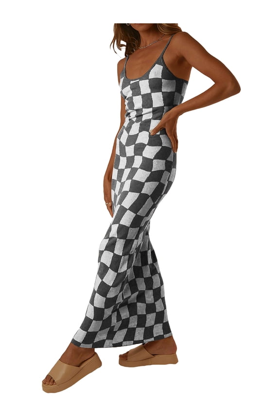 Womenacute;s Summer Long Cocktail Dress Sleeveless Checkerboard Print Spaghetti Strap Dress