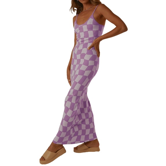 LMLYSoH Womenacute;s Summer Long Cocktail Dress Sleeveless Checkerboard Print Spaghetti Strap Dress