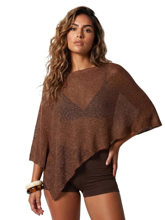 Womens Knitted Ponchos Tops Shimmer Solid Shawl Wraps Comfortable Asymmetry Cape for Spring Summer