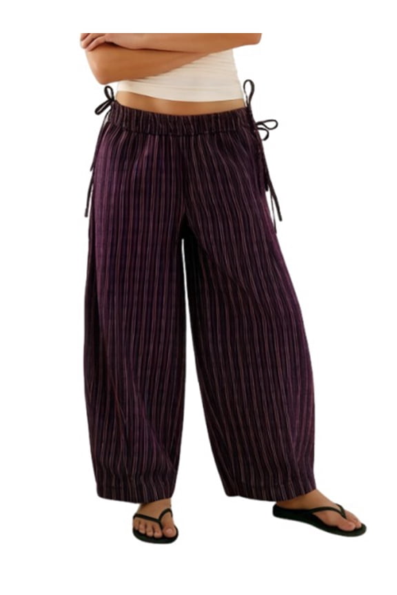Womens Striped Pants Casual Loose Fit Stylish Side Strap Elastic Mid Rise Wide Leg Trousers