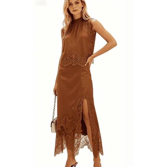 LMLYSoH Womens Summer 2 Piece Outfits Sleeveless Mock Neck Lace Patchwork Vest Tops and Irregular Hem Long Skirt Set