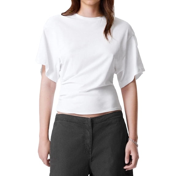 LMLYSoH Womens Summer T Shirt Short Sleeve Crew Neck Solid Color Casual Ruched Cinched Waist Crop Tops