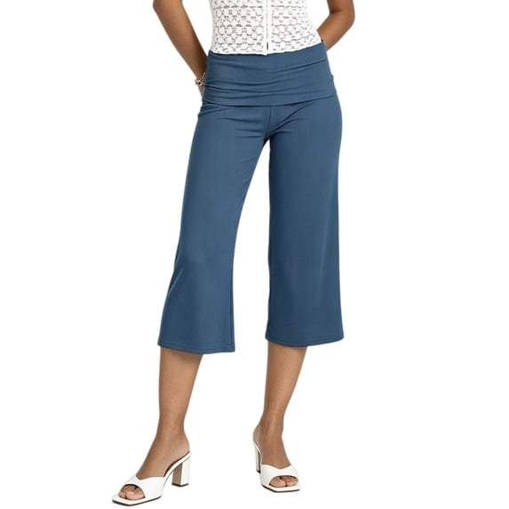 LMLYSoH Womens Wide Leg Capris Casual Fold Over Waist Stylish Solid Color Mid Rise Cropped Pants