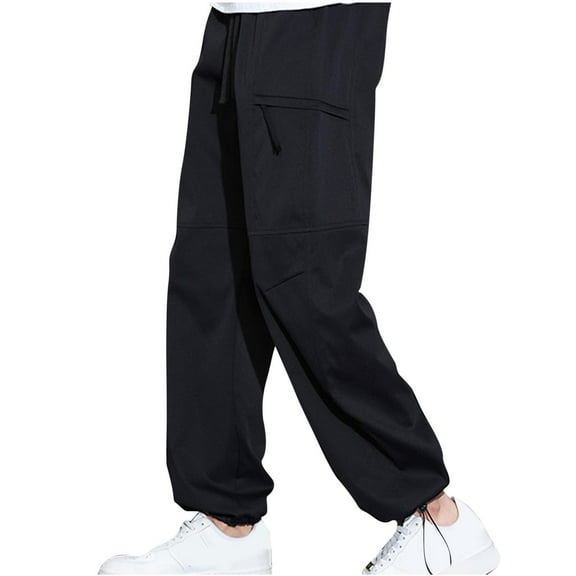 LMOIPLI Baggy Cargo Pants for Men Casual Stretch Elastic Drawstring Outdoor Beach Breathable Pants Loose Fit Joggers with Multi Pockets Black L