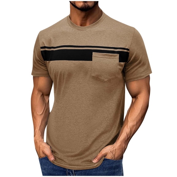 LMOIPLI Basic Sporty T Shirts for Mens Color Block Crew Neck Short Sleeve Shirts Summer Comfy Trendy Tee Tops with Pocket Khaki L