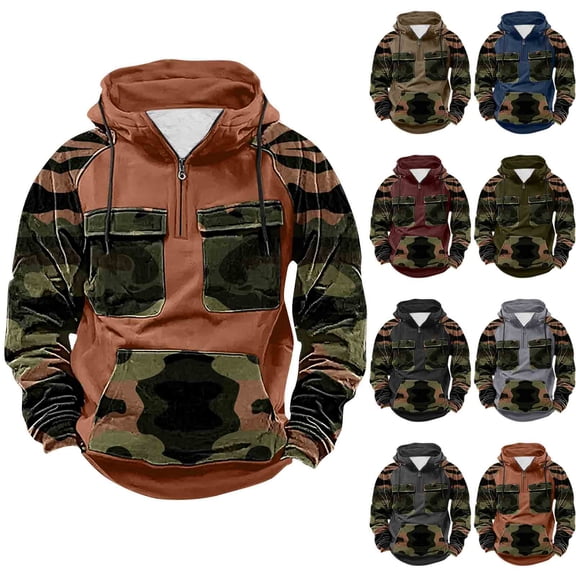 LMOIPLI Camouflage Print Hoodies for Men Military Mens Fleece Lined Quarter Zip Cargo Sweatshirt with Multi Pockets Orange XXL