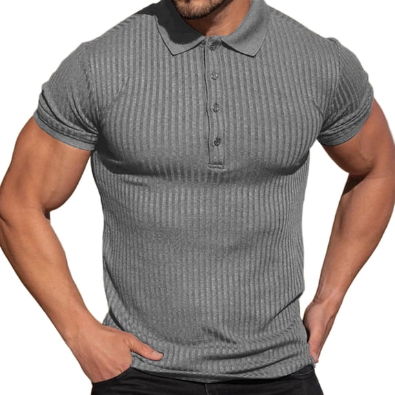 LMOIPLI Collared Muscle Cotton Shirts for Men Slim Fit Textured Knit Shirts Short Sleeve Button Down Shirts Casual Stylish Gray L
