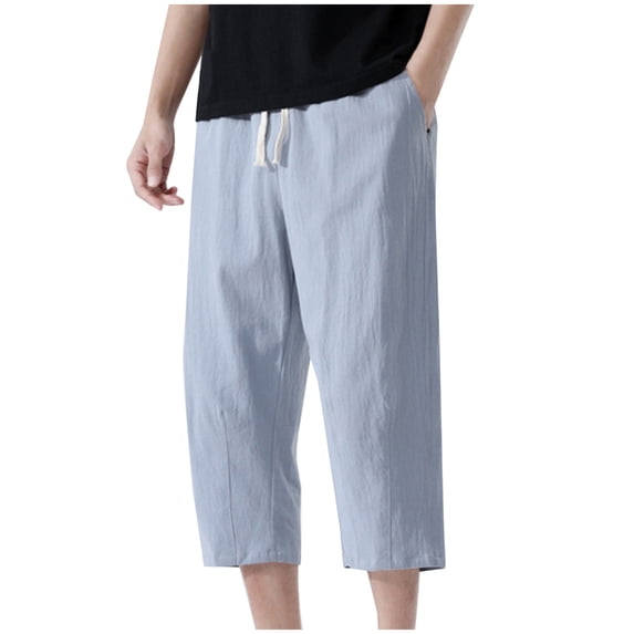 LMOIPLI Cotton Linen Capri Shorts for Men 3/4 Below Knee Summer Drawstring Capri Pants Casual Loose Comfy Pant with Pockets Gray XXXL