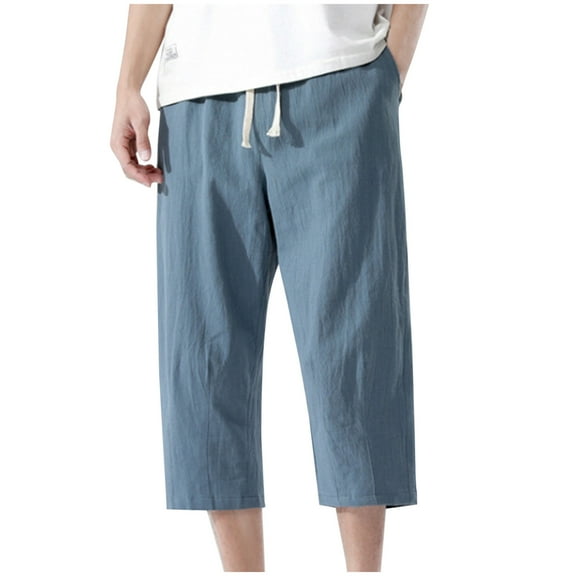 LMOIPLI Cotton Linen Capri Shorts for Men 3/4 Below Knee Summer Drawstring Capri Pants Casual Loose Comfy Pant with Pockets Light Blue XXL