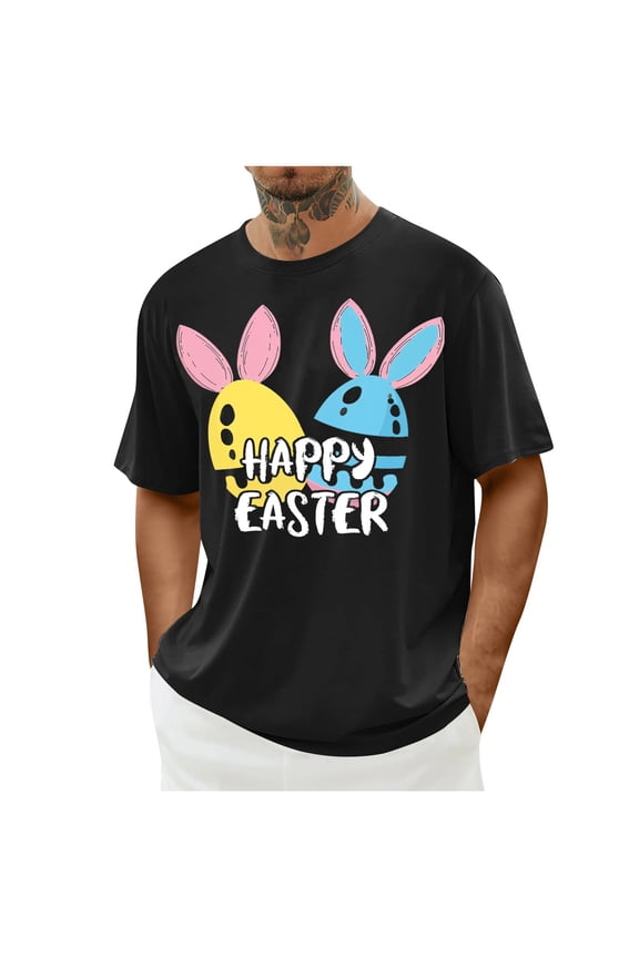 Crew Neck Easter Shirts for Men Cute Bunny Easter Eggs Graphic T Shirts Colorful Spring Top Casual Tee Black S
