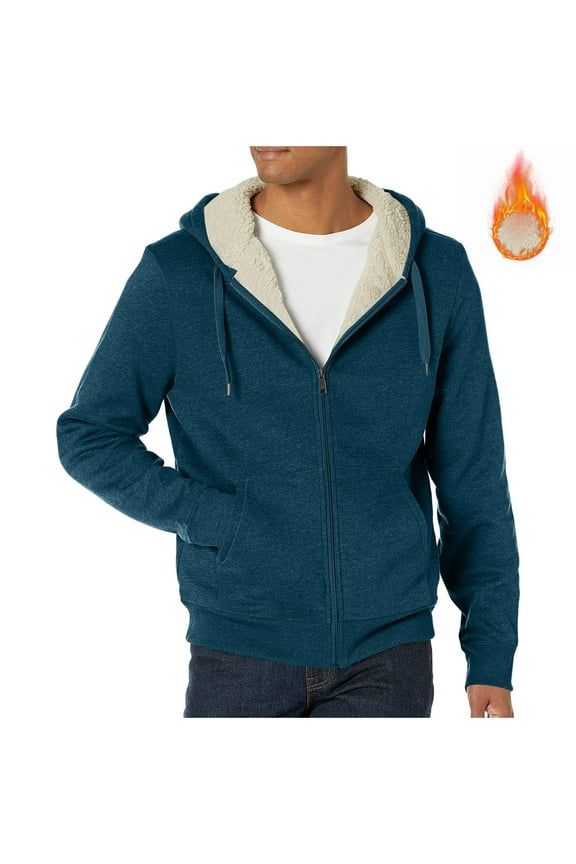 Fleece Jacket Men Big and Tall Comfortable Faux Fur Lined Zip Up Hoodie Warm Sweatshirt with Pockets Winter Coats Blue L