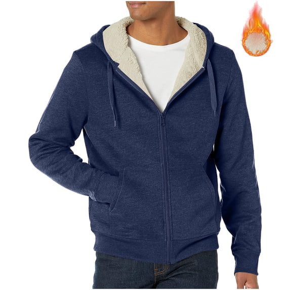 LMOIPLI Fleece Jacket Men Big and Tall Comfortable Faux Fur Lined Zip Up Hoodie Warm Sweatshirt with Pockets Winter Coats Blue L