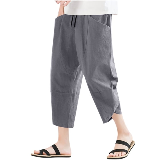 LMOIPLI Harem Capri Pants for Men Baggy Drawstring Elastic Waist Yoga Beach Pants Summer Solid Color Cropped Pants with Pockets Gray M
