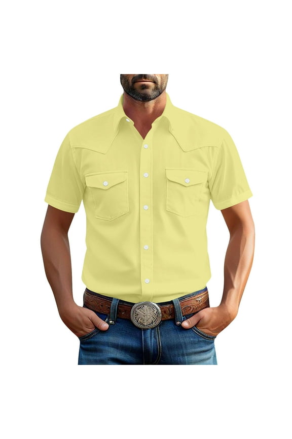 Linen Shirts for Men Western Cowboy Snap Short Sleeve Shirt Casual with Pocket Cotton Linen Classic Work Tee Yellow XXXXL