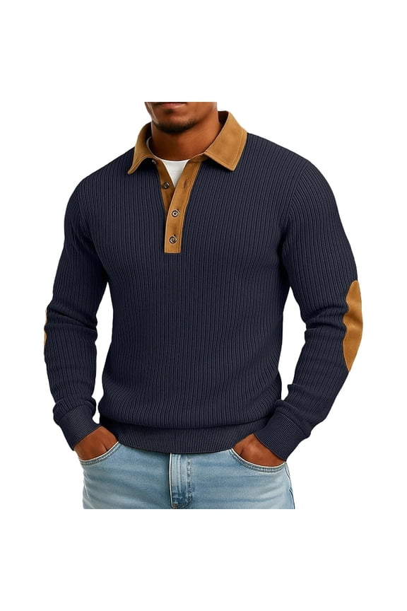 Long Sleeve Shirts for Men Classic Button Golf Shirt Casual Collared Elbow Patches Business Work Pullover Tops Navy XXXL